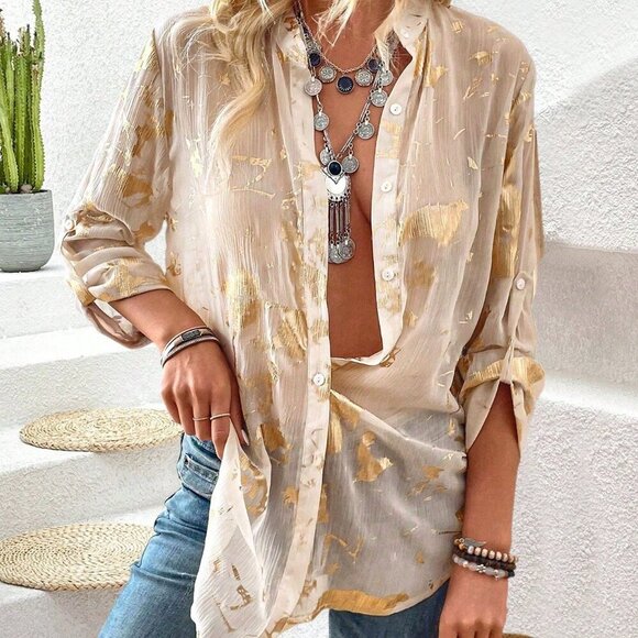 Boho Women's Full Printed Long Sleeve button down Shirt - Picture 1 of 8